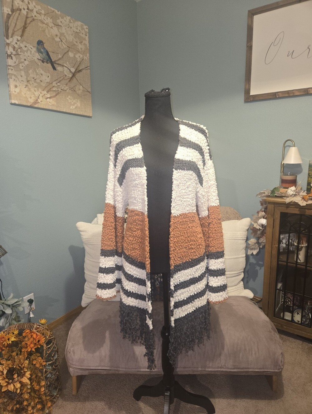 Cozy Striped Open Front Cardigan Sweater - White, Rust & Charcoal